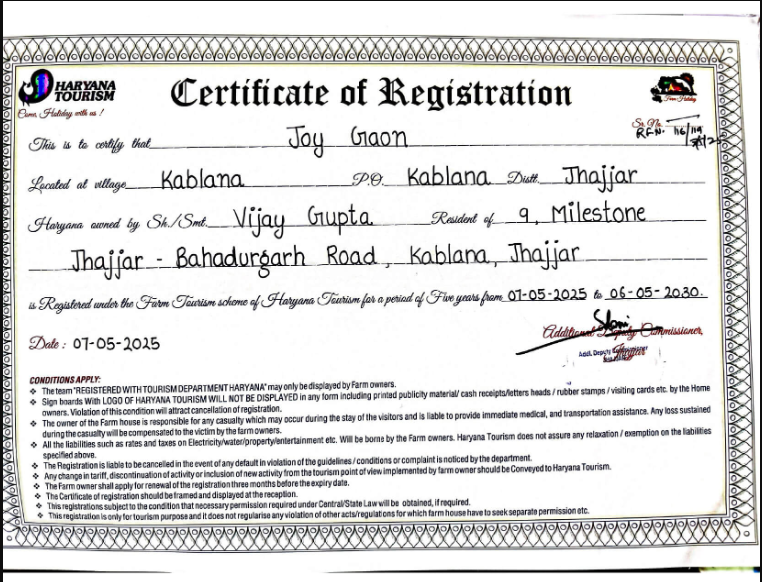 Haryana Tourism Registration Certificate